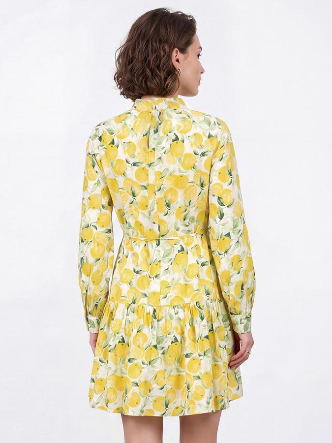 R&B Women Yellow Floral Print Mandarin Collar Cuffed Long Sleeves Fit & Flare Mini Dress
