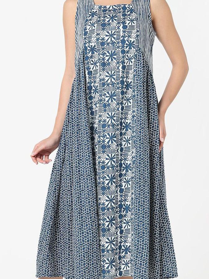 R&B Women Blue Paneled Sleeveless Square Neck Midi A-Line Dress