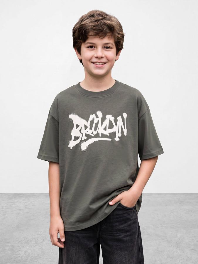 R&B Boys Olive Typography Print Short Sleeves Round Neck Pure Cotton T-Shirt
