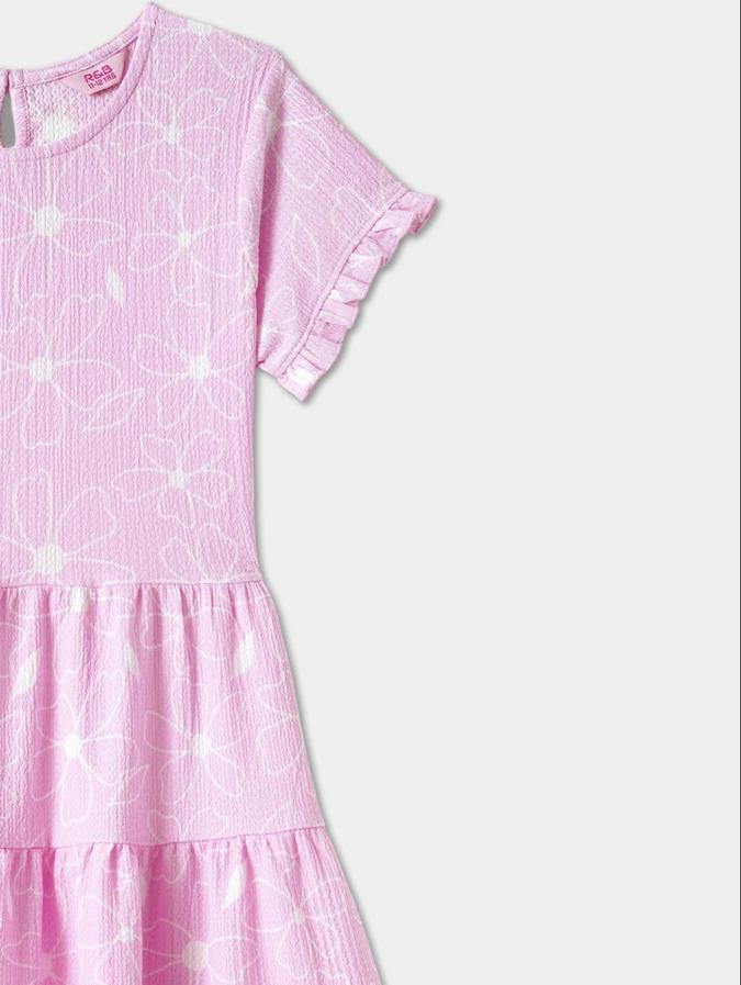 R&B Pink Floral Printed Girls Short Sleeves Dress