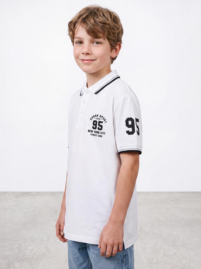 R&B Boys White Collegiate Badge Printed Polo Collar Short Sleeves Pure Cotton T-shirt