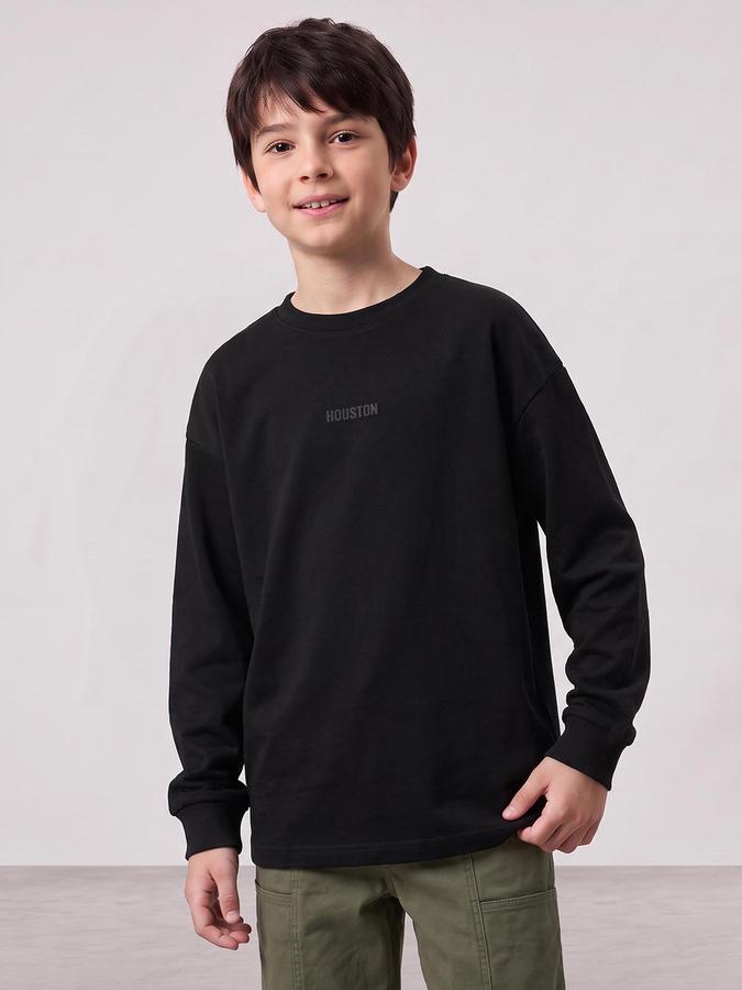 R&B Boys Black Typography Print Long Sleeves Round Neck Pure Cotton T-Shirt