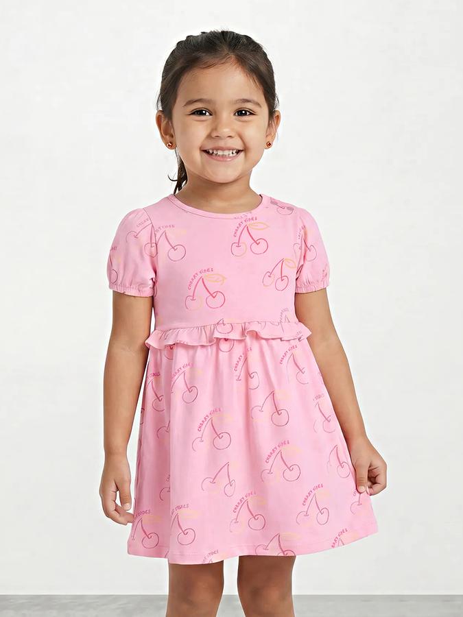R&B Girl Pink Cherry Print Pure Cotton Puff Sleeves Fit and Flare Dress