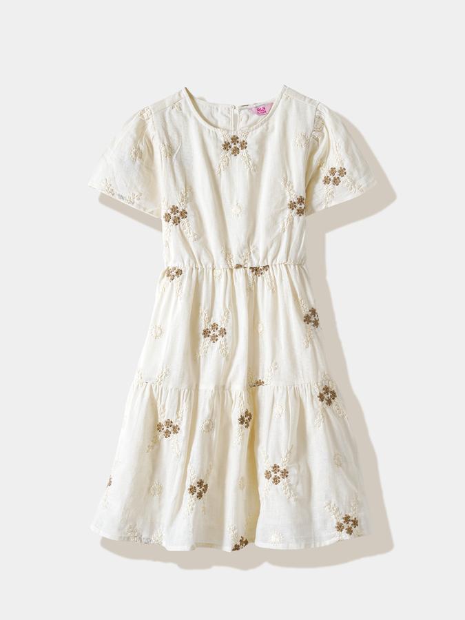 Girls Cotton Blend Regular Fit Round Neck Tiered Dress