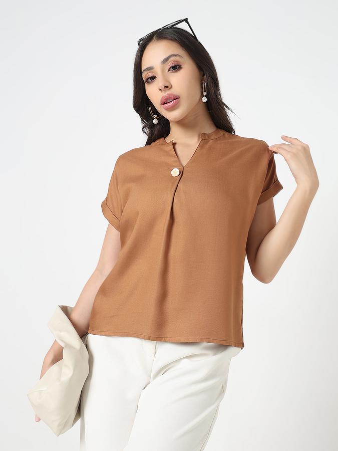 Women Viscose Relaxed Fit Mandarin Collar Solid Top