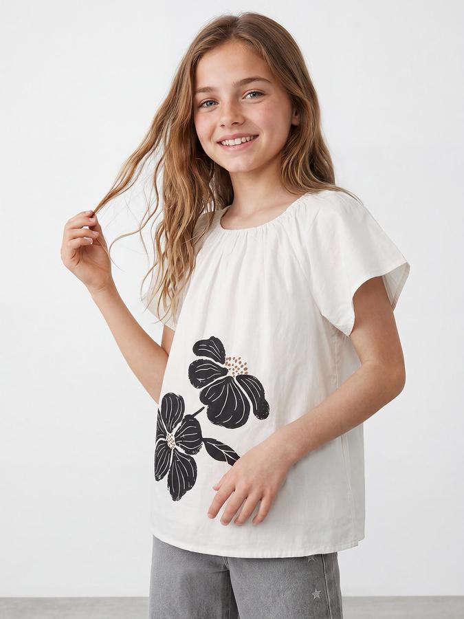 R&B Girls White Floral Print  Round Neck Flutter Sleeves Top 