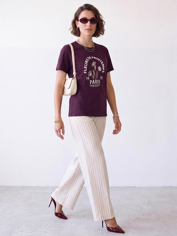 R&B Women Purple Short Sleeve Round Neck Typography Graphic Print T-Shirt
