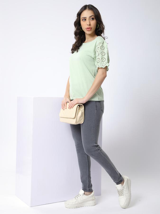 R&B Women Sage Solid Eyelet-Sleeve Top