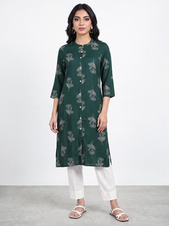 R&B Women Green Floral Print Mandarin Collar Three-Quarter Sleeves Straight Kurta