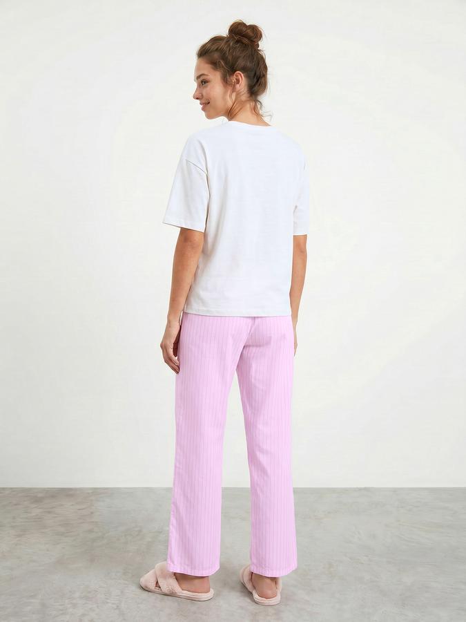 R&B Women's White & Pink Printed Pure Cotton T-Shirt & Pyjama Night Suit Set
