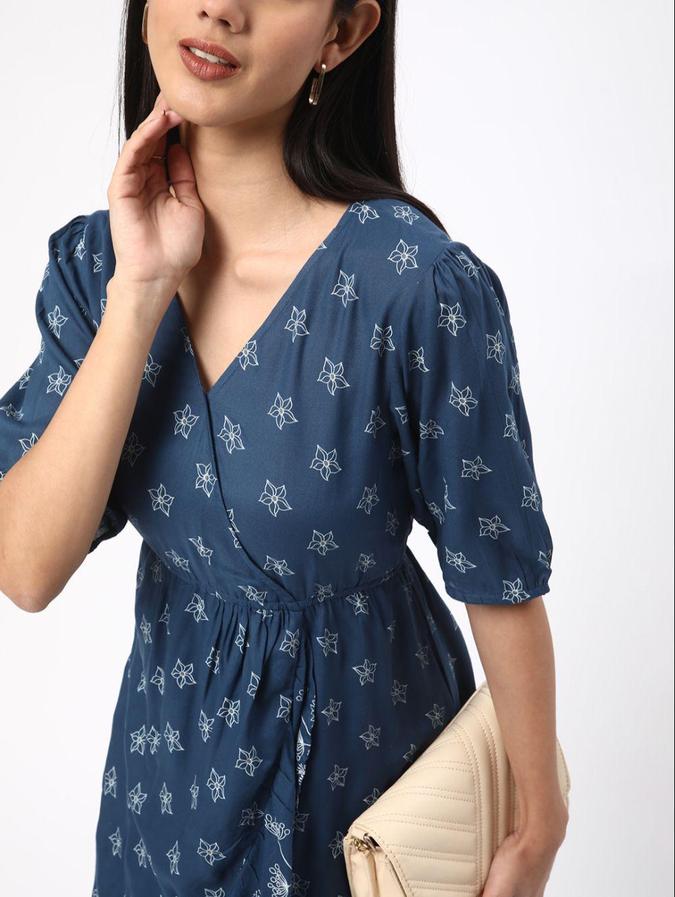 R&B Blue Floral Printed Women Short Sleeves Dress