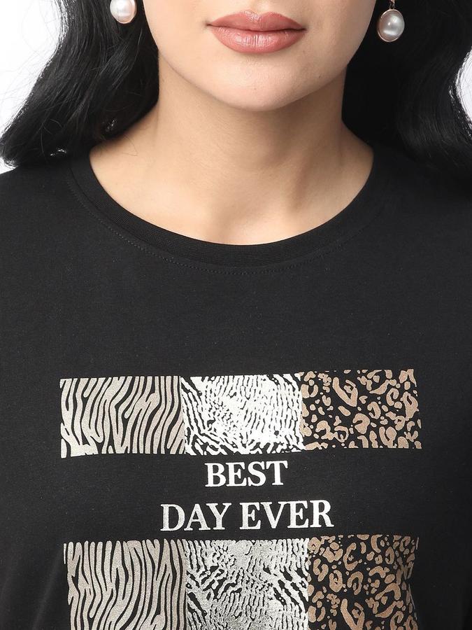 R&B Womens Black Graphic Print Round Neck Short Sleeves T-shirt