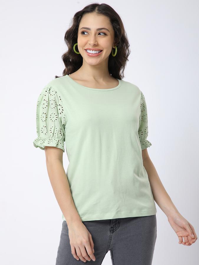 R&B Women Sage Solid Eyelet-Sleeve Top