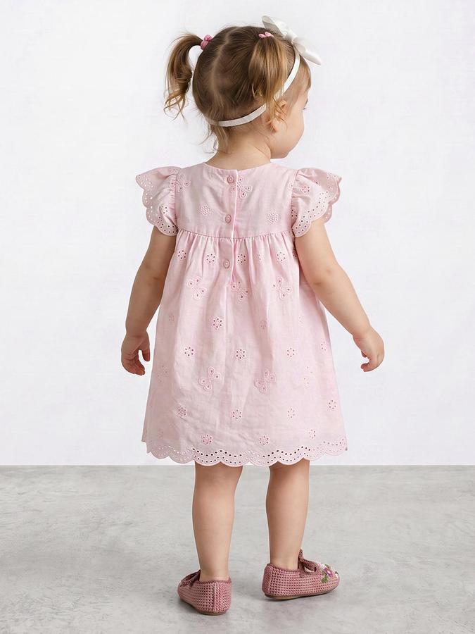 R&B Girls Pink Embroidered Round Neck Flutter Sleeves A-Line Dress