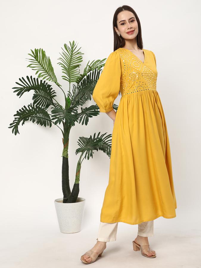 Women Rayon Regular Fit V Neck Embellished Kurta