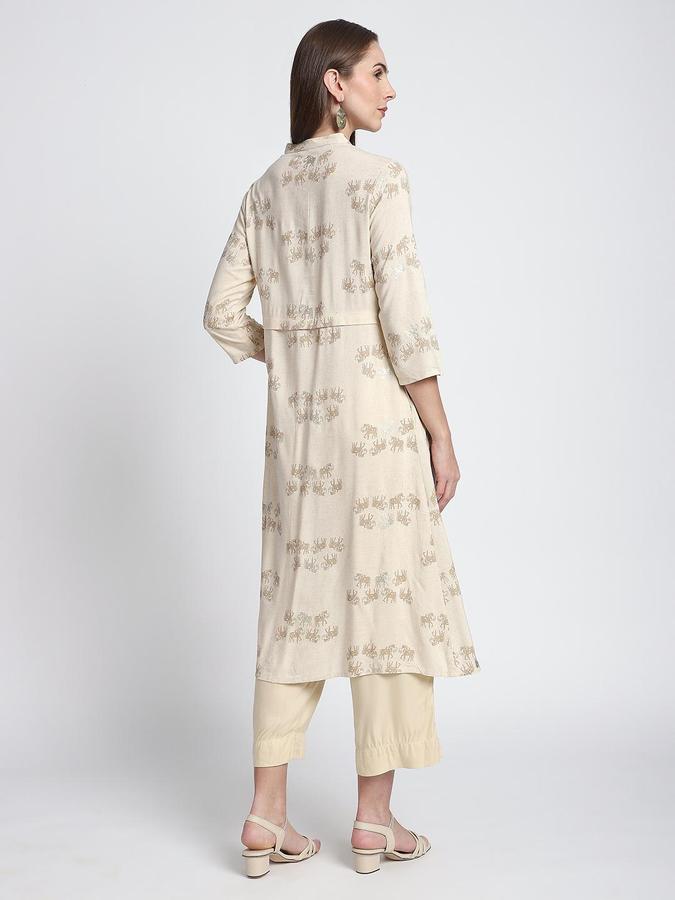 R&B Women Cream Etnic Motifs Print Mandarin Collar Knee Length Pure Viscose Ethnic Kurta