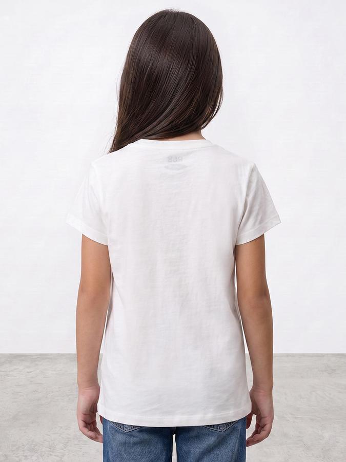 R&B Girls White Graphic Print Short Sleeves Round Neck Pure Cotton T-Shirt