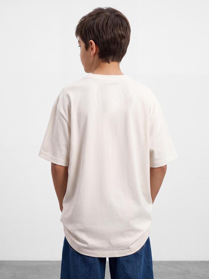R&B Boys White Graphic Print Short Sleeves Round Neck Pure Cotton T-Shirt