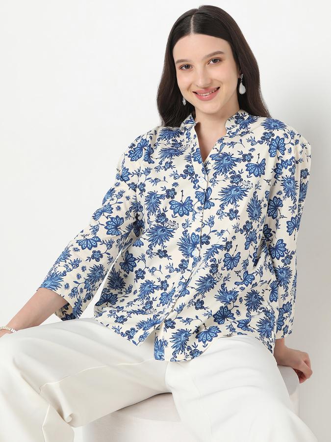 Women Cotton Regular Fit Mandarin Collar Floral Top