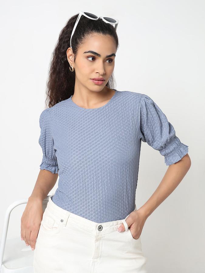 Women Polyester Relaxed Fit Round Neck Ruffled Top