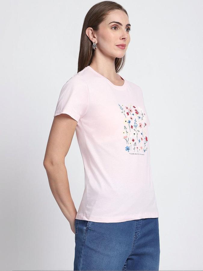 R&B Womens Light Pink Floral Print Round Neck Short Sleeves T-shirt