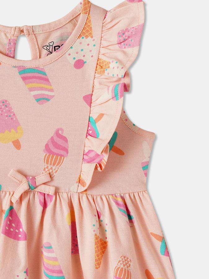 Girls Printed Ruffled Sleeveless Round Neck Above Knee Peach Dress