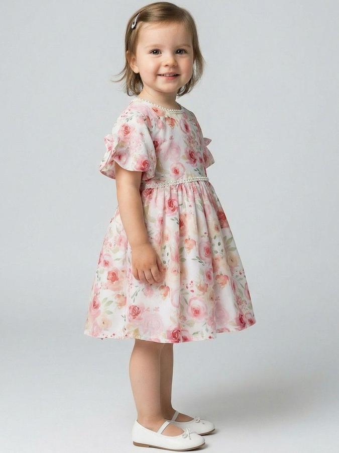 R&B Girls Pink Floral Half Sleeves Round Neck Knee Length Fit &amp; Flare Dress