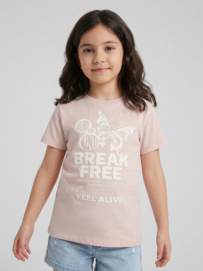 R&B Peach Graphic Print Girls Round Neck Regular Fit Short Sleeves T-Shirt 