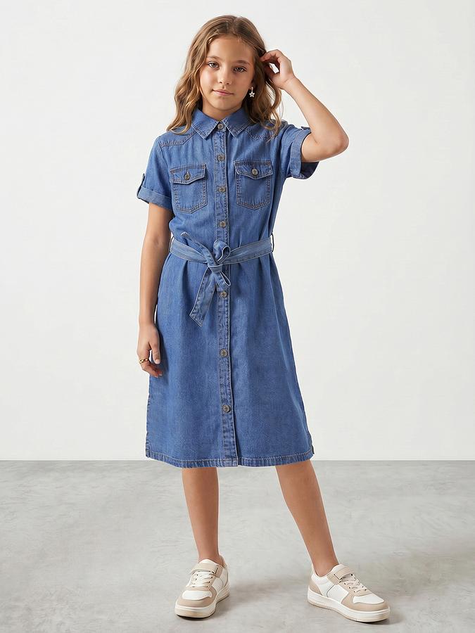 R&B Girl Blue Regular Fit Solid Short Sleeves Denim Shirt Dress