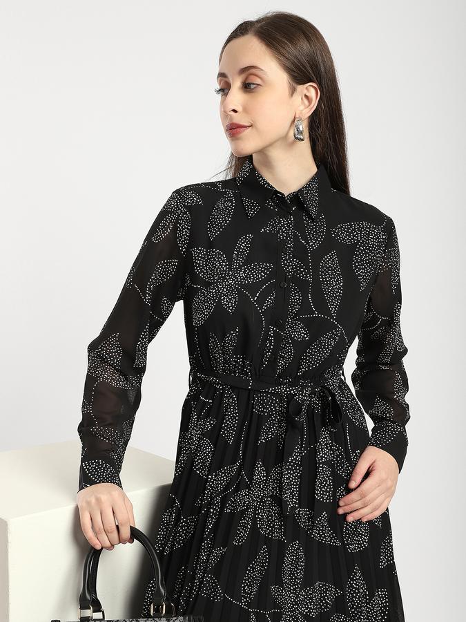 R&B Women Black Leaf Print Tiered Shirt Dress