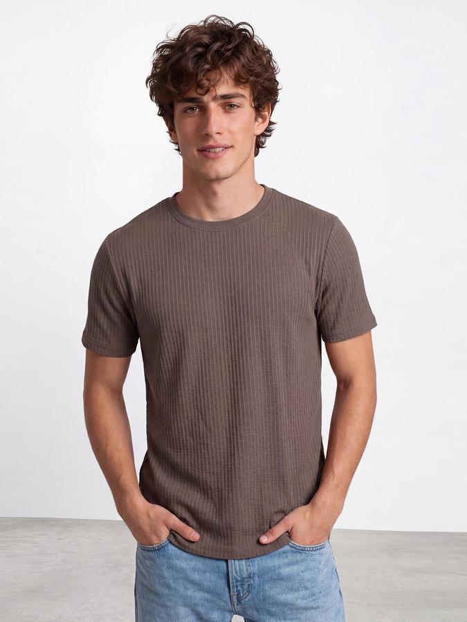 R&B Men Brown Ribbed Short Sleeves Tshirt