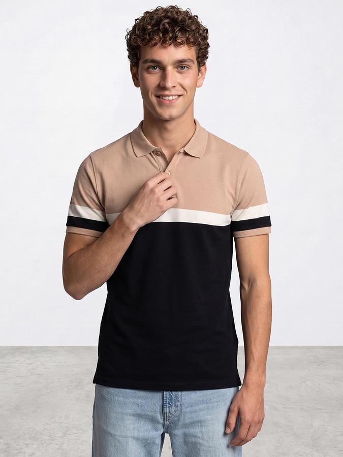 R&B Men Beige Striped Short Sleeves Polo Collar Pure Cotton T-Shirt
