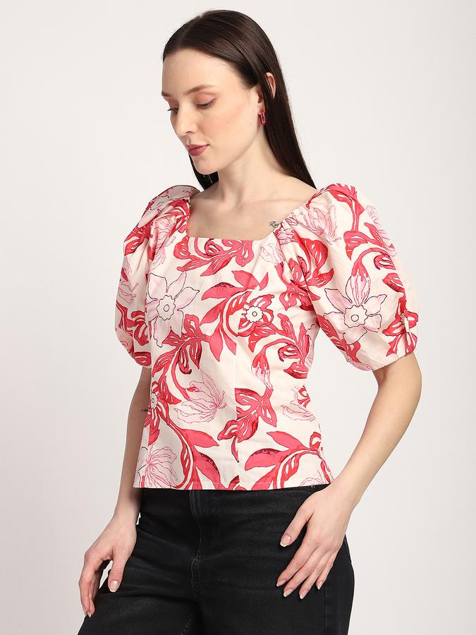 R&B Women Peach Floral Print Puff-Sleeve Top