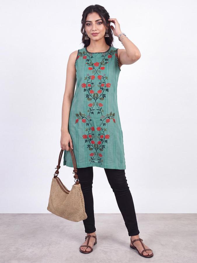 R&B Women Green Floral Embroidered Round Neck Sleeveless Ethnic Tunics