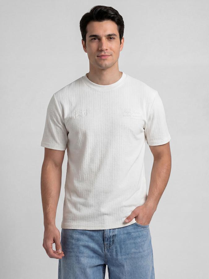 R&B Off White Self Design Men Round Neck Regular Fit Short Sleeves T-Shirt 