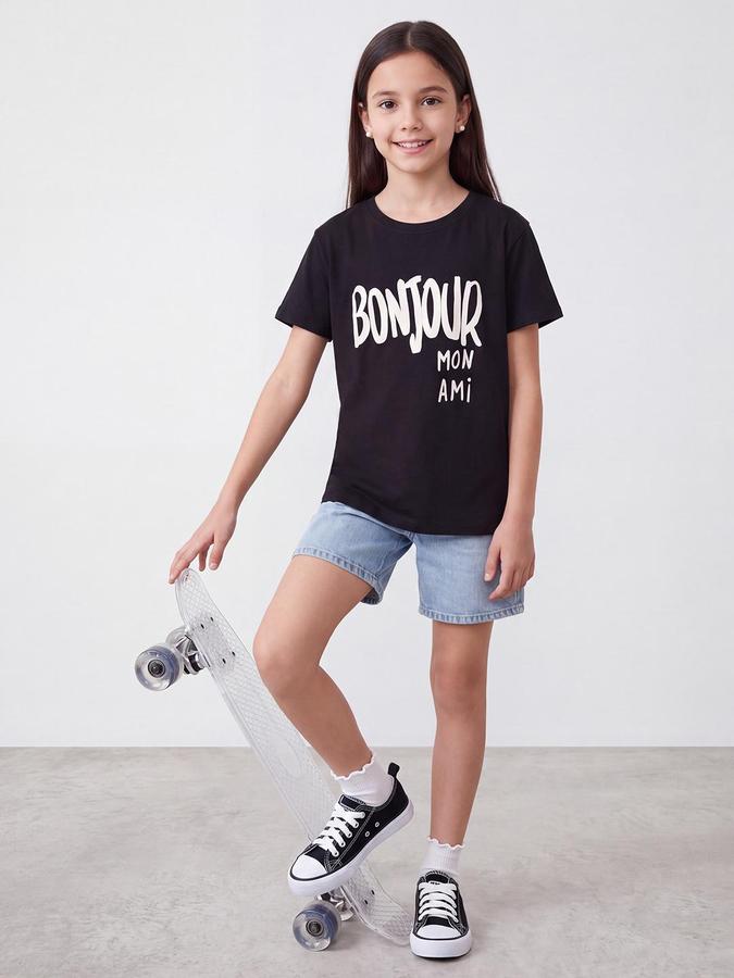 R&B Girls Black Typography Print Short Sleeves Round Neck Pure Cotton T-Shirt