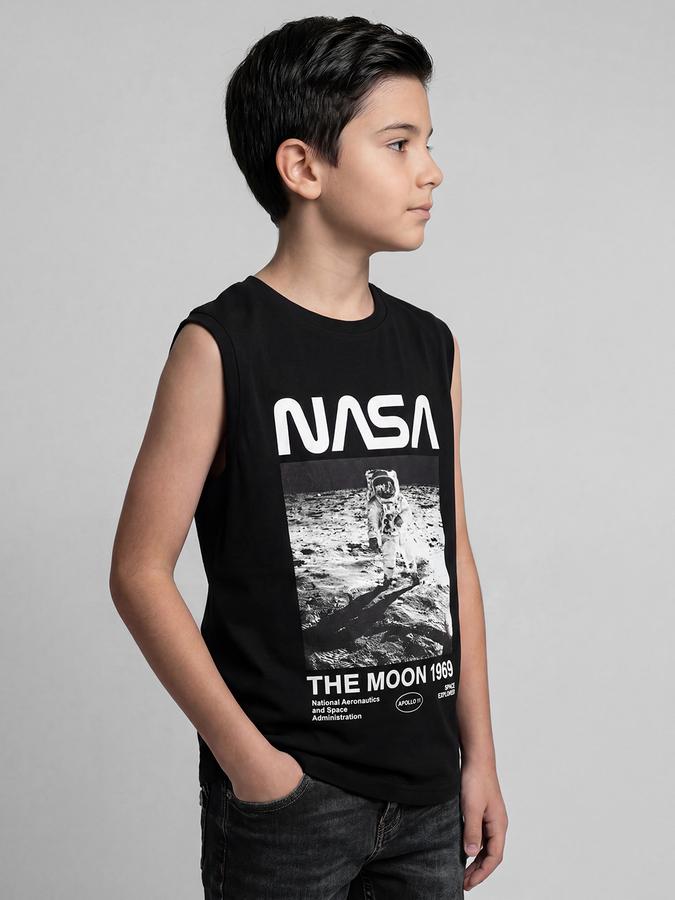 R&B Black Graphic Print Boys Round Neck Regular Fit Sleeveless T-Shirt 