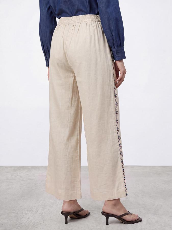 R&B Women Off White Embroidered Flat Front Palazzo
