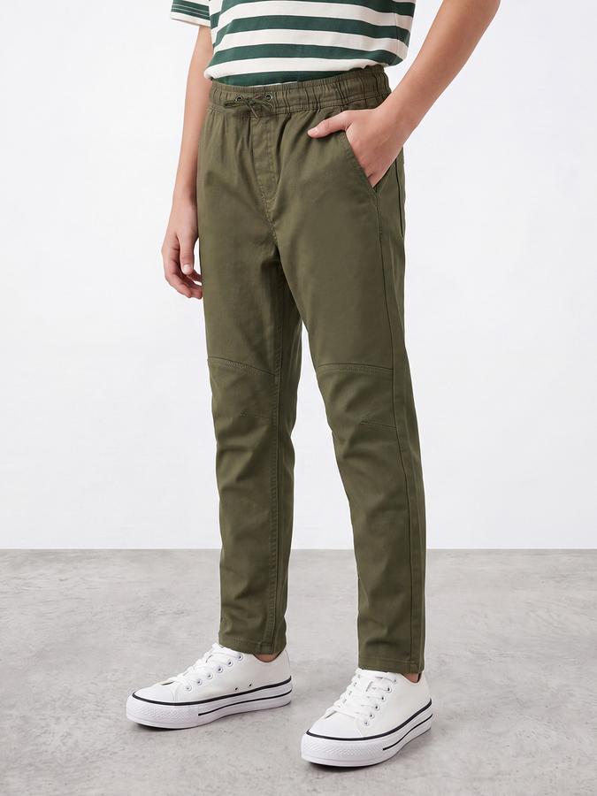 R&B Boys Olive Solid Regular Fit Mid Rise Trousers