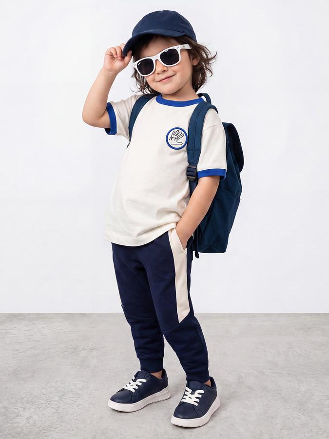 R&B Boys Blue Pure Cotton Color Blocked Mid Rise Trackpants With Drawstring Closure
