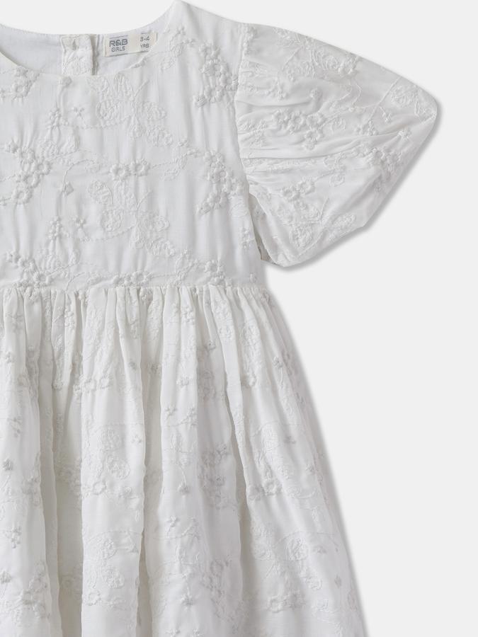 Girls Textured Puff Sleeve Round Neck Flared Dress