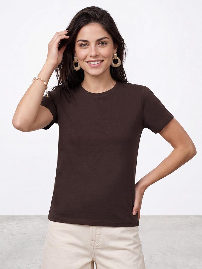R&B Women Coffee Brown Solid Short Sleeves Soft Touch Tshirt