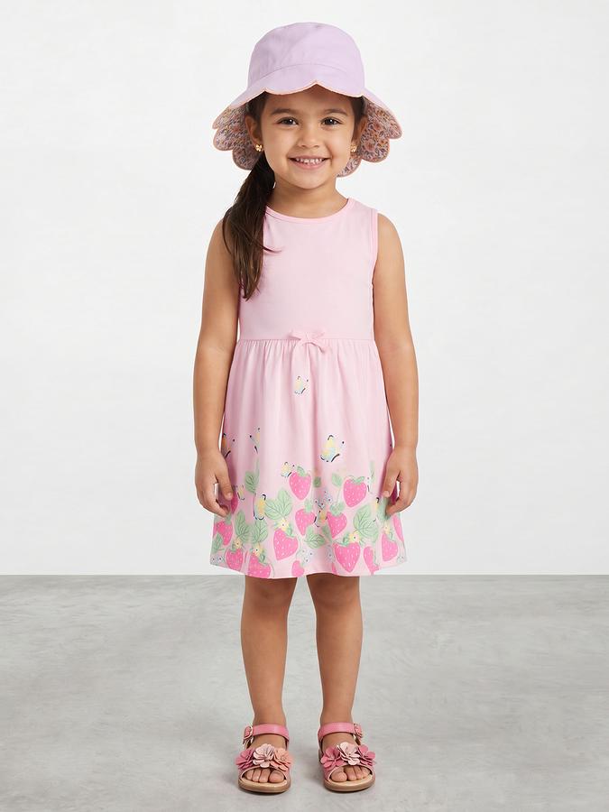 R&B Girl Pink Strawberry Print Pure Cotton Sleeveless Fit and Flare Dress