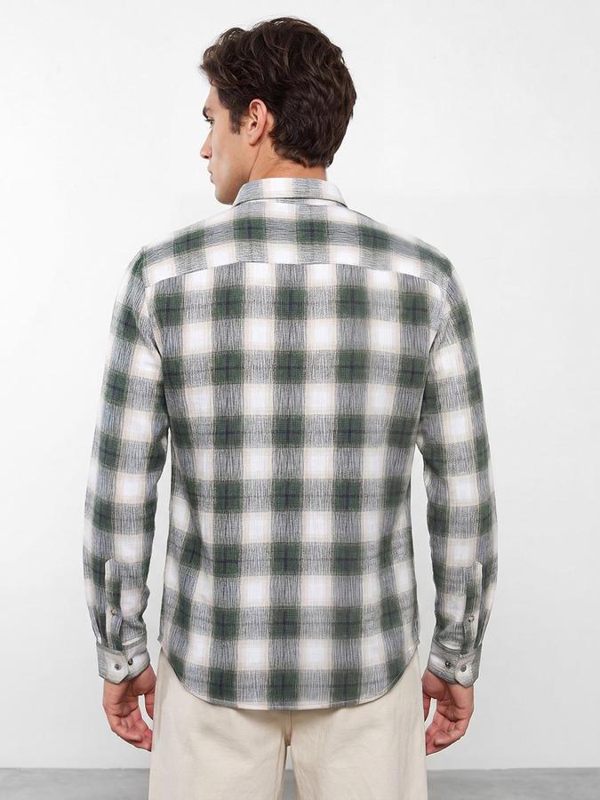 R&B Men Olive Windowpane Checks Spread Collar Long Sleeves Regular Fit Shirt