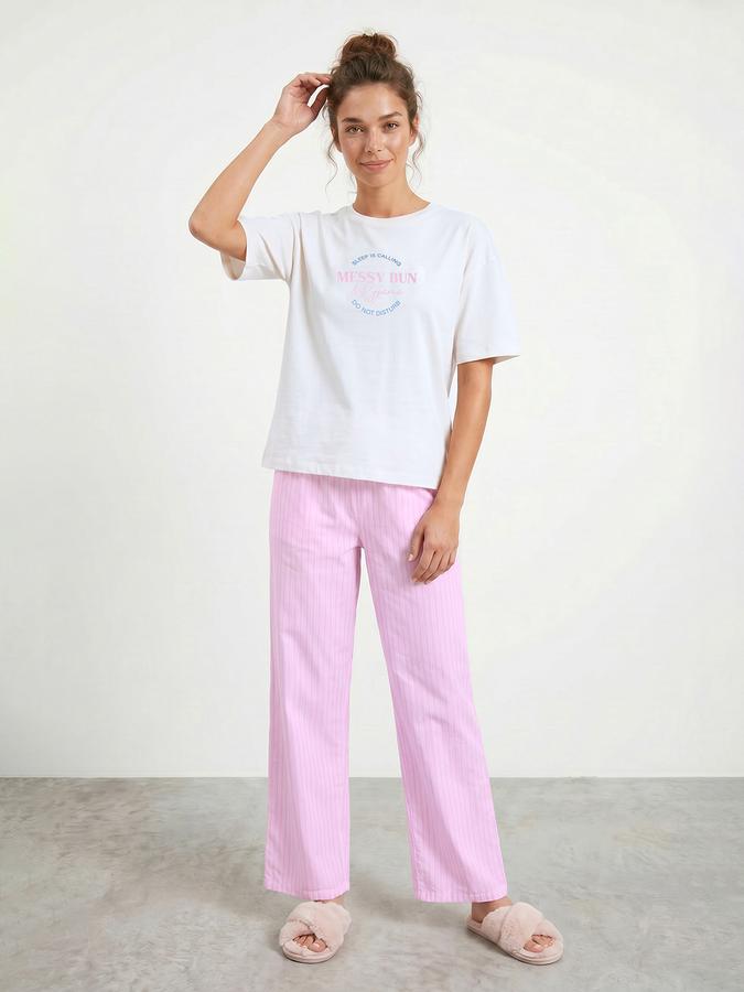 R&B Women's White & Pink Printed Pure Cotton T-Shirt & Pyjama Night Suit Set