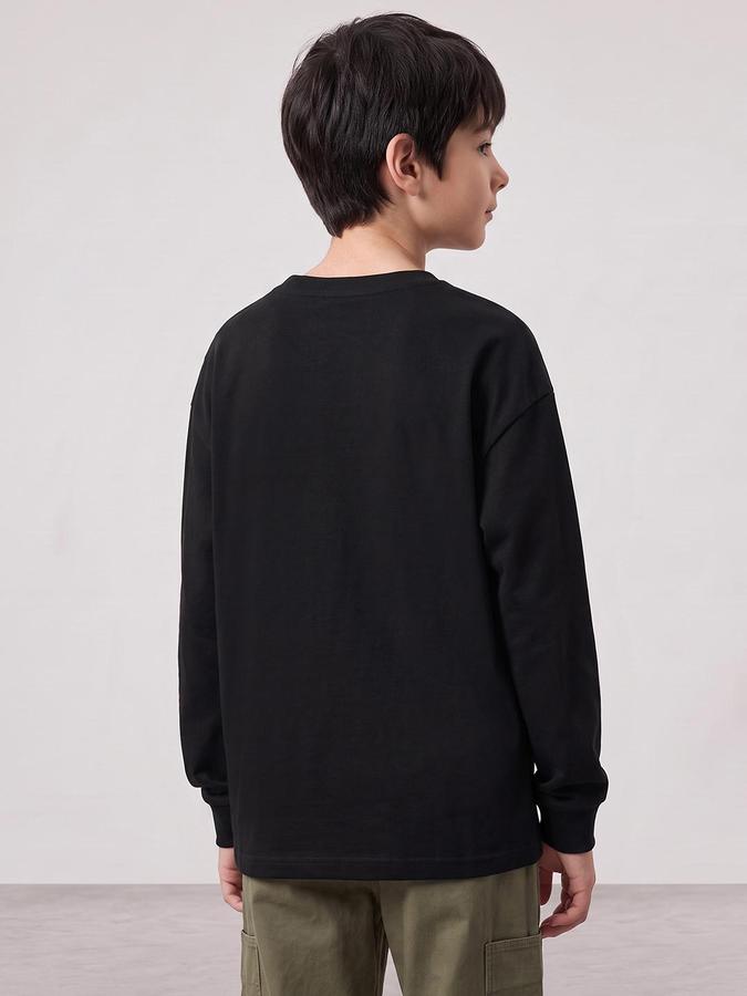 R&B Boys Black Typography Print Long Sleeves Round Neck Pure Cotton T-Shirt