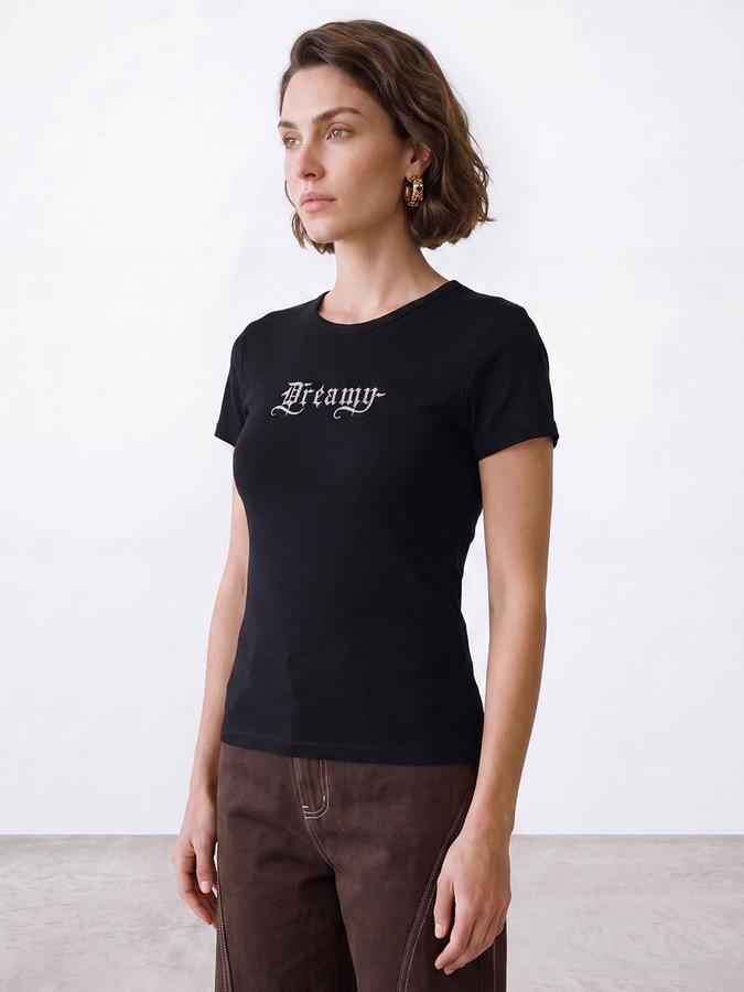 R&B Women Black Short Sleeve Round Neck Typography Graphic Print T-Shirt