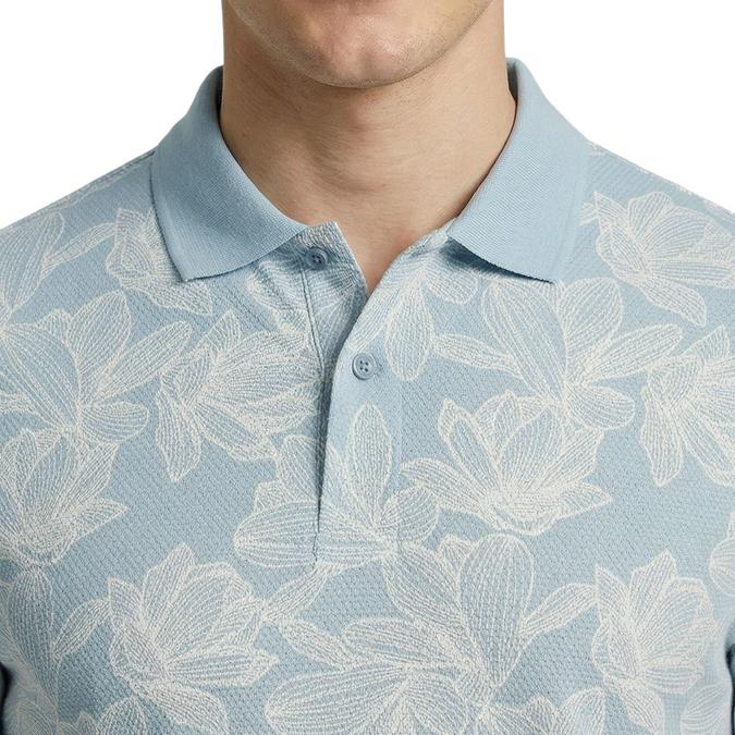 R&B Men Blue Cotton Printed Polo Collar T-Shirt