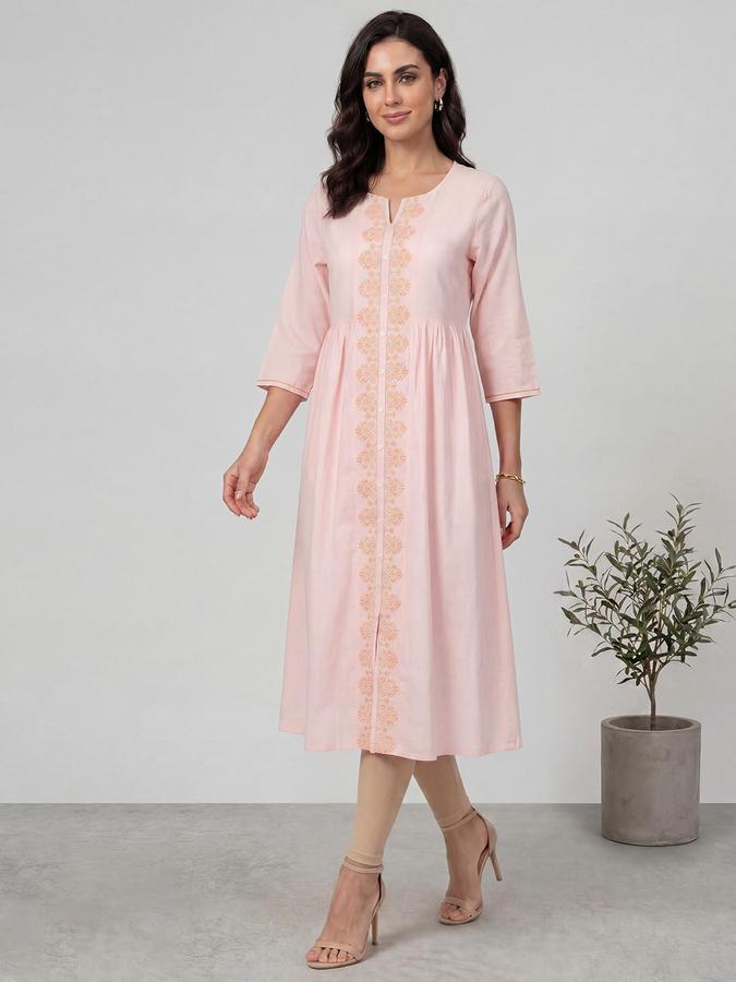 R&B Women Pink Embroidered Mandarin Collar Three-Quarter Sleeves Calf Length A-Line Kurta 