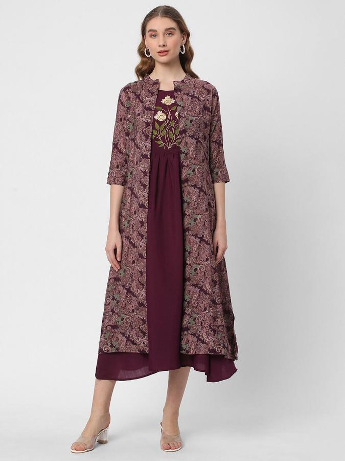 R&B Women Maroon Embroidered Three Quarter Sleeves  A-Line Midi  Ethnic Dress